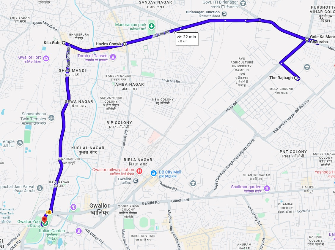 OTF Marathon 2026 — 7KM route map from Mela Ground to Phoolbagh Maidan, Gwalior